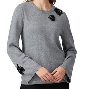 Prabal Gurung cozy knit grey crew neck embellished sweater long bell sleeves LG